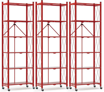 ALANNG 73.6 Inch Folding Bookshelf, 6 Tier Metal Bookcase and Bookshelves, Tall Shelves for Living Room Office Bedroom, Heavy Duty Book Shelve Free Standing Open (Red, 3PACK)