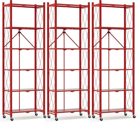 ALANNG 73.6 Inch Folding Bookshelf, 6 Tier Metal Bookcase and Bookshelves, Tall Shelves for Living Room Office Bedroom, Heavy Duty Book Shelve Free Standing Open (Red, 3PACK)