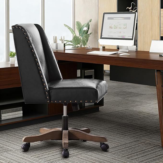 Zihanhome Armless Home Office Chair with Wooden Legs, Modern Leather Upholstered Office Desk Chair No Arms Sewing Chair Adjustable Swivel Desk Chair for Farmhouse Office Study Studio (Black)