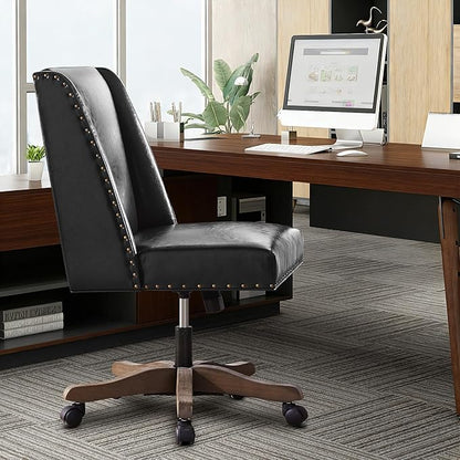 Zihanhome Armless Home Office Chair with Wooden Legs, Modern Leather Upholstered Office Desk Chair No Arms Sewing Chair Adjustable Swivel Desk Chair for Farmhouse Office Study Studio (Black)