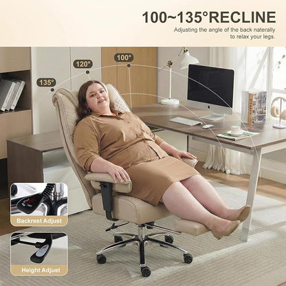 EXCEBET Big and Tall Office Chair 400lbs Wide Seat, Leather High Back Executive Office Chair with Foot Rest, Ergonomic Chairs Lumbar Support for Lower Back Pain Relief (Beige)