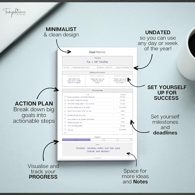 Goal Planner Deskpad | Goal Setting Notepad with Action Plan, Progress Tracker, Deadlines & Notes, 50 Sheets, 120gsm Paper, Undated Productivity Planner for Work, Study, Business & Personal Goals | A5