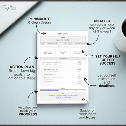 Goal Planner Deskpad | Goal Setting Notepad with Action Plan, Progress Tracker, Deadlines & Notes, 50 Sheets, 120gsm Paper, Undated Productivity Planner for Work, Study, Business & Personal Goals | A5