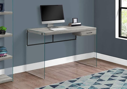 Monarch Specialties Computer Desk - Contemporary Writing Desk with Drawer - Tempered Glass Legs - 48"L (Grey Reclaimed Wood Look)