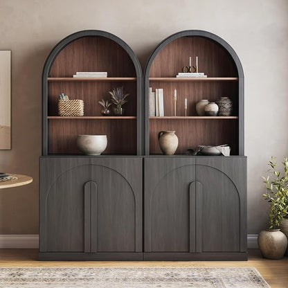 BELLEZE Set of 2 71"Tall Storage Cabinet with Arched Hutch, Wooden Sideboard Buffet Cabinet with Adjustable Shelves for Pantry Organizing, 5-Tier Modern Storage Unit for Living Room Home Office, Ebony