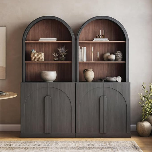 BELLEZE Set of 2 71"Tall Storage Cabinet with Arched Hutch, Wooden Sideboard Buffet Cabinet with Adjustable Shelves for Pantry Organizing, 5-Tier Modern Storage Unit for Living Room Home Office, Ebony