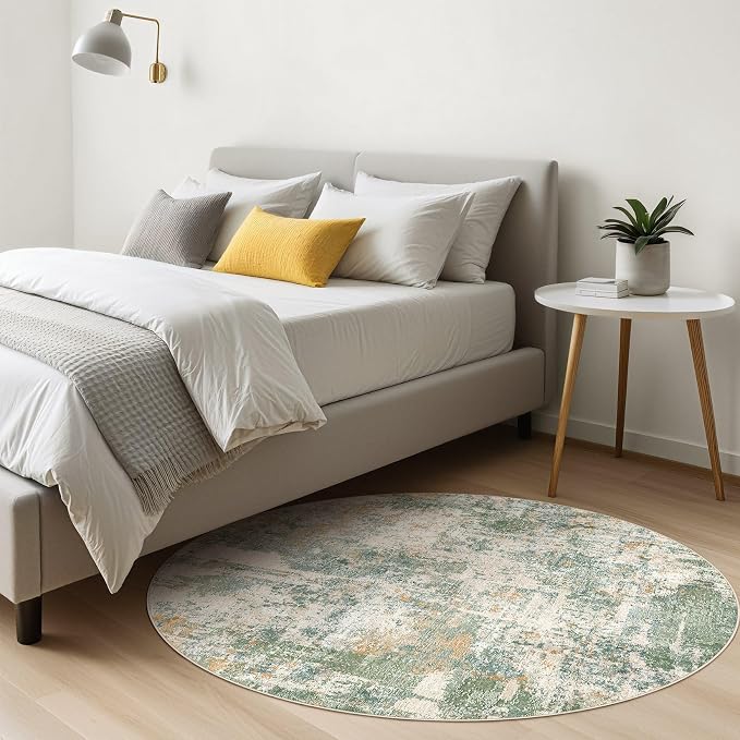 5ft Round Rug Living Room Rugs: 5x5 Washable Circle Large Abstract Modern Soft Stain Resistant Non-Slip Indoor Floor Carpet for Bedroom Nursery Office Dining Room Playroom Home House- Green