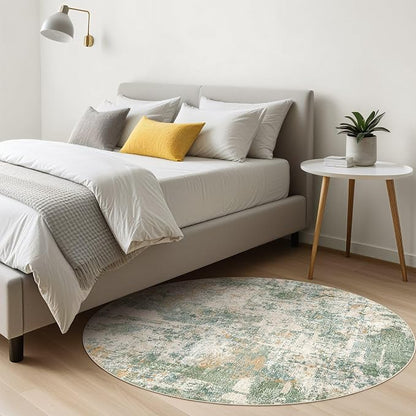 5ft Round Rug Living Room Rugs: 5x5 Washable Circle Large Abstract Modern Soft Stain Resistant Non-Slip Indoor Floor Carpet for Bedroom Nursery Office Dining Room Playroom Home House- Green