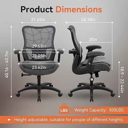 Office Chair 500lbs Big and Tall Ergonomic Mesh Desk Chair Heavy Duty with 24" Extra Wide Seat Adjustable Lumbar Support & Flip-Up Arms for Large Body Types (Dark Gray)