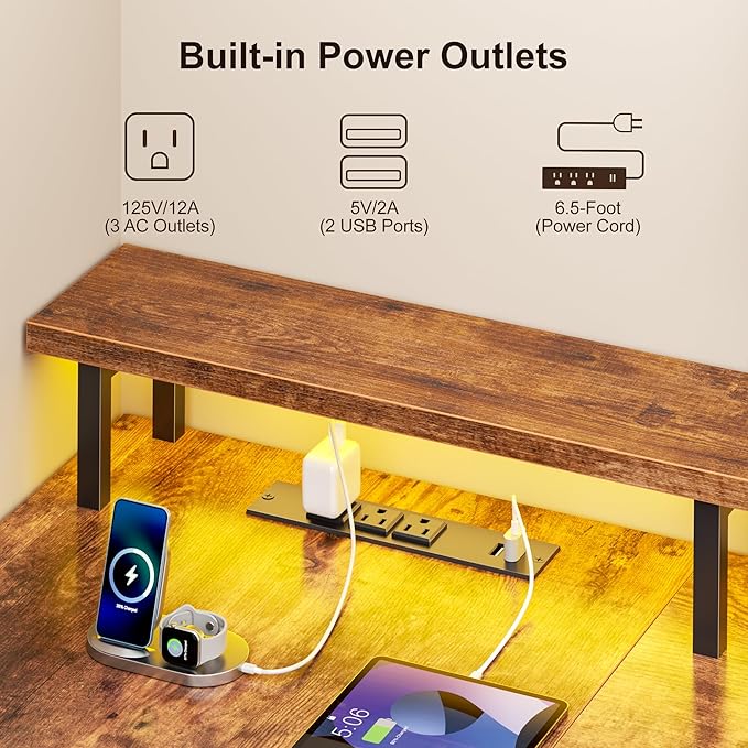 66'' L Shaped Desk with Power Outlets and USB-C Port, Reversible Office Desk with drawers and Storage Shelves, Computer desk with Led Lights and Host stand for Home Office, Gaming, Work, Rustic Brown