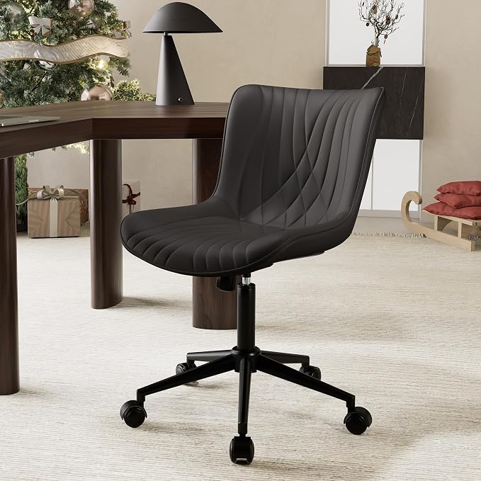 YOUTASTE Black Modern Office Chair, Armless Swivel PU Leather Desk Chair with Wheels, Height Adjustable Rolling Computer Chair with Metal Legs for Bedroom, Home Office, Study, or Vanity