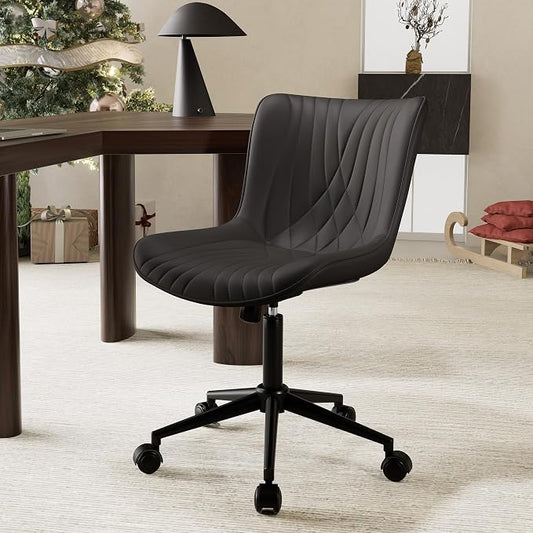 YOUTASTE Black Modern Office Chair, Armless Swivel PU Leather Desk Chair with Wheels, Height Adjustable Rolling Computer Chair with Metal Legs for Bedroom, Home Office, Study, or Vanity