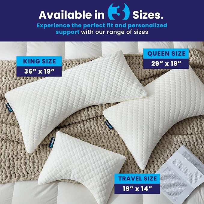 Sidney Sleep Adjustable Curved Pillows for Neck and Shoulder Support with Extra Shredded Fill - Cervical Contour Pillow for Side and Back Sleeper - King Size - 19"x36" CertiPUR-US Certified (White)