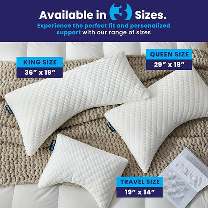 Sidney Sleep Adjustable Curved Pillows for Neck and Shoulder Support with Extra Shredded Fill - Cervical Contour Pillow for Side and Back Sleeper - King Size - 19"x36" CertiPUR-US Certified (White)