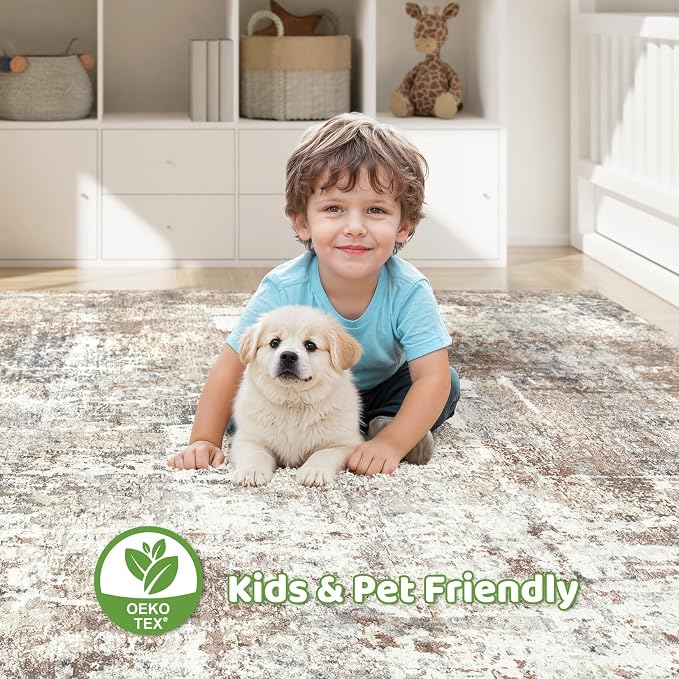 6x8 Area Rug Living Room: Machine Washable Large Abstract Modern Soft Rugs Stain Resistant Indoor Floor Non Slip Accent Carpet for Bedroom Nursery Playroom Office Dining Room Dorm Home House- Brown