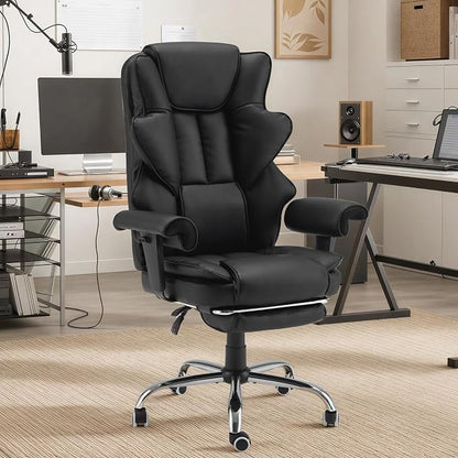 HOMREST Ergonomic Executive Chair with 6-Point Vibration & Heat, Reclining PU Leather Big & Tall Desk Chair, Retractable Footrest & Adjustable Armrest for Home Office Gaming Study, Black