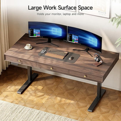 Electric Standing Desk with 3 Drawers, 63 x 24 Inch Height Adjustable Stand up Desk with Storage and Widened Legs, Retro Home Office Desks with Memory Controller for Computer Workstation, Walnut