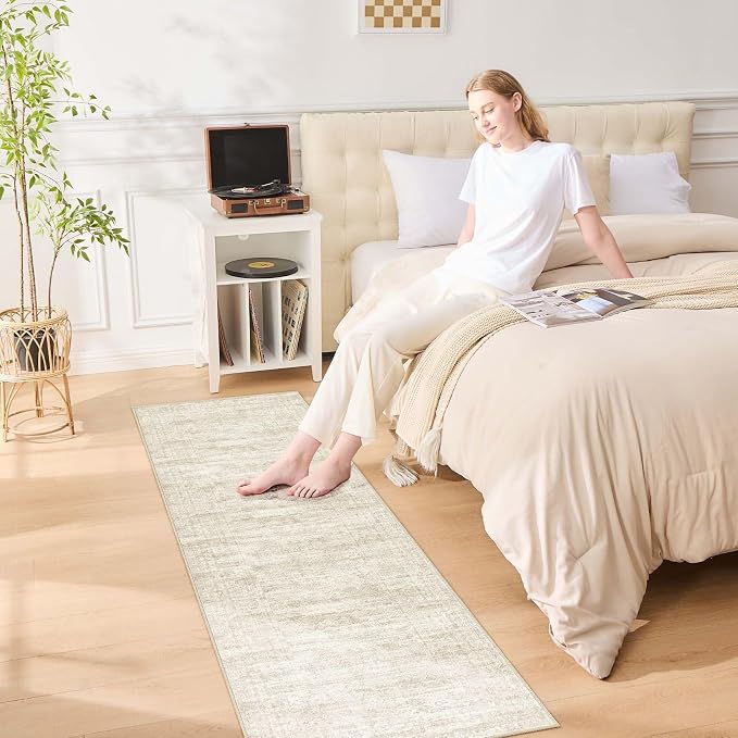 UERMEI 3x8 Washable Runner Rug for Hallway, Non Slip Low Pile Kitchen Carpet, Neutral Modern Abstract Indoor Floor Mat for Entryway Laundry, Kid & Pet Safe High Traffic Area, Beige/Brown