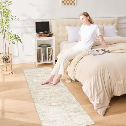UERMEI 3x8 Washable Runner Rug for Hallway, Non Slip Low Pile Kitchen Carpet, Neutral Modern Abstract Indoor Floor Mat for Entryway Laundry, Kid & Pet Safe High Traffic Area, Beige/Brown