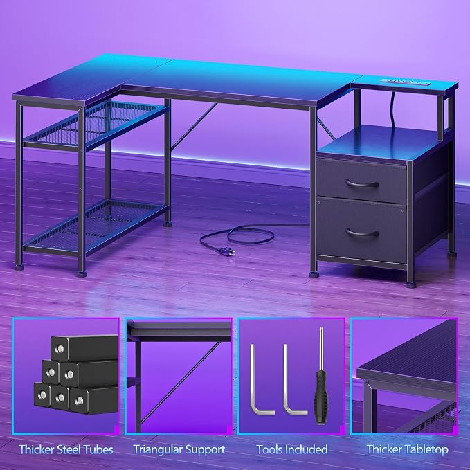 Korfile 49Inch L Shaped Gaming Desk with Power Outlets and Type-C Port, Reversible Computer Office Desk with 2 Fabric Drawers & Mesh Shelves, Corner Desk for Study Work Writing Desk, Black