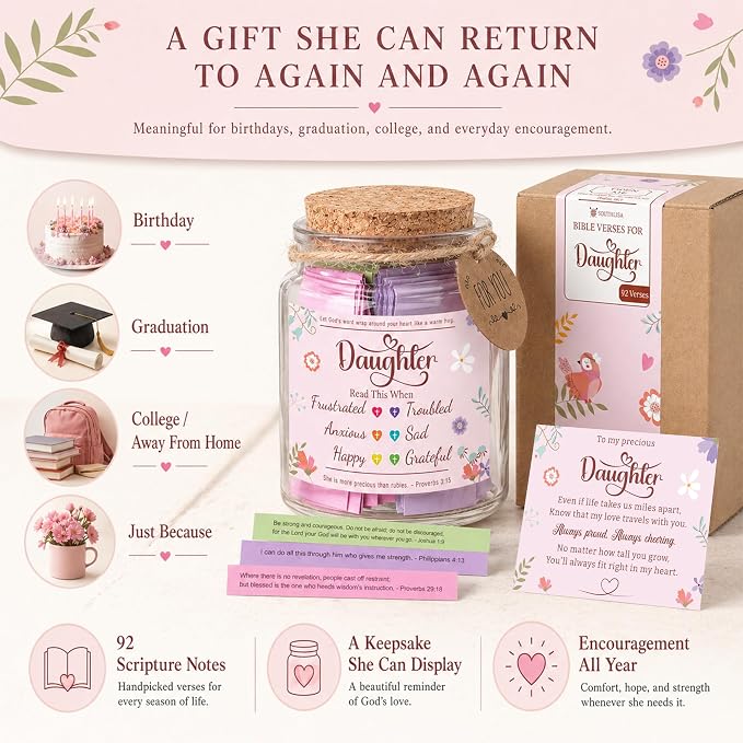 Bible Verses Jar for Daughter – Daughter Gifts From Mom, Graduation Gifts for Daughters, 92 Bible Verses Folded by hand, Christian Gift for Women