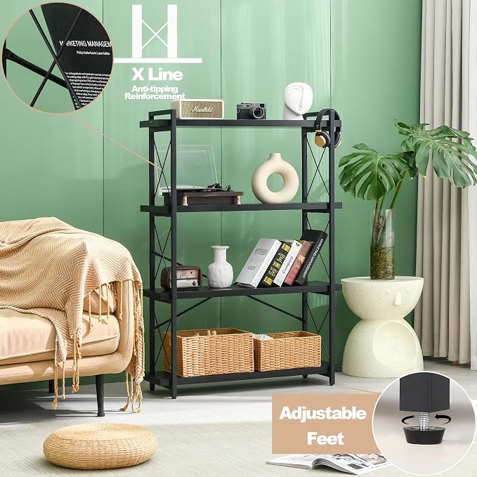HCHQHS Bookshelf, 4-Tier Industrial Bookcase, Black Open Book Shelf, Freestanding Tall Bookshelves with Metal Frame