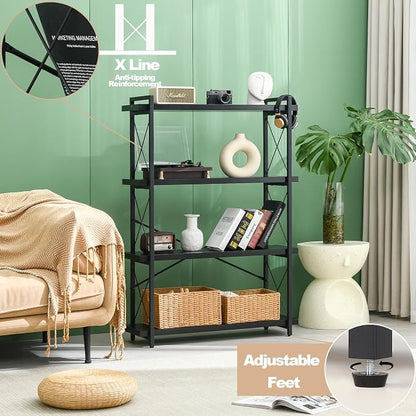 HCHQHS Bookshelf, 4-Tier Industrial Bookcase, Black Open Book Shelf, Freestanding Tall Bookshelves with Metal Frame