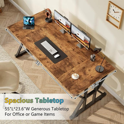 TVU Computer Desk, 55 inch Large Office Desk, Study Writing Table with Thicken Frame, Gaming Desk, Modern Simple Desk for Home Office, Rustic Brown
