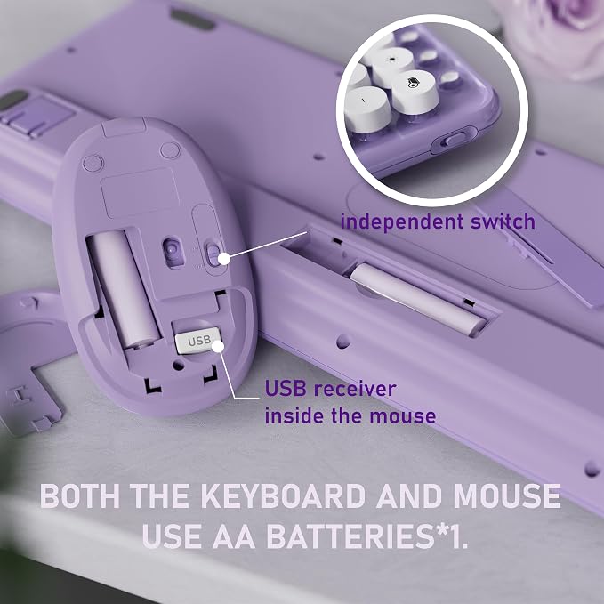 Wireless Keyboard and Mouse, Colorful 104-Key QWERTY with Round Keys, Phone Holder, Wrist Rest, Power Buttons, 2.4GHz USB for PC Laptop (Purple Gradient)