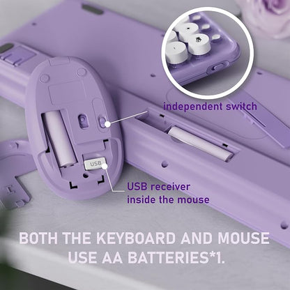Wireless Keyboard and Mouse, Colorful 104-Key QWERTY with Round Keys, Phone Holder, Wrist Rest, Power Buttons, 2.4GHz USB for PC Laptop (Purple Gradient)