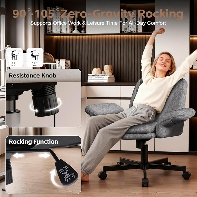 Vonesse Criss Cross Office Chair with Wheels & Armrests, Height Adjustable Vanity Chair, Makeup Chairs with Side Pockets Design, Comfortable Computer Desk Chairs for Home (Linen Fabric,Gray)