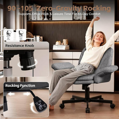 Vonesse Criss Cross Office Chair with Wheels & Armrests, Height Adjustable Vanity Chair, Makeup Chairs with Side Pockets Design, Comfortable Computer Desk Chairs for Home (Linen Fabric,Gray)