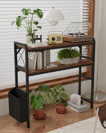 Desktop Shelves, Monitor Stand with Adjustable Shelves and Side Pockets, 2-Tier Desktop Bookshelf Organizer, Large Capacity Display Shelf Rack, Desk Hutch for Home Office, Rustic Brown