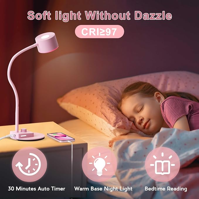 LiFMIRA Cute Desk Lamp with USB C + A Charging Port, 5 Colors Dimmable Reading Lamps, Minimalist Pink Lamp for Kids, Eye Care Metal Bedside Table Lamp with Timer Flexible Desk Light for Home Office