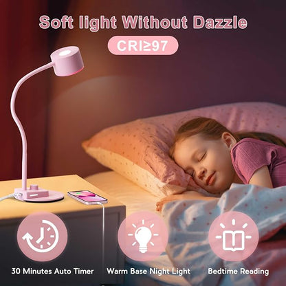LiFMIRA Cute Desk Lamp with USB C + A Charging Port, 5 Colors Dimmable Reading Lamps, Minimalist Pink Lamp for Kids, Eye Care Metal Bedside Table Lamp with Timer Flexible Desk Light for Home Office