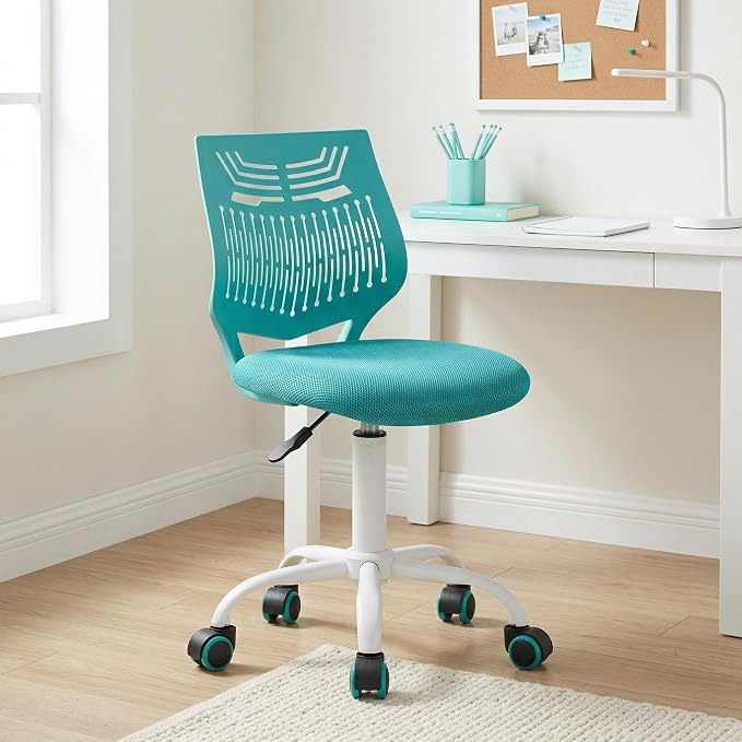 FurnitureR Desk Chair Armless, Adjustable Small Home Office Task Chair with Mesh Padded Cushion, Swivel Study Computer Chair with Rolling Wheels for Children Kids Teens Students, Aqua Green
