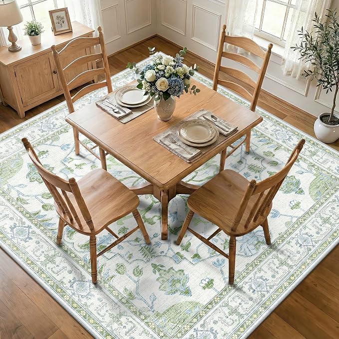 RELEANY Area Rugs Square 7ft Washable Non-Slip, Floral Vintage Distress Medallion Carpet for Living Room Bedroom Dining Room, Green White Blue