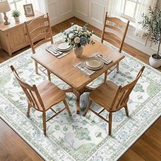 RELEANY Area Rugs Square 7ft Washable Non-Slip, Floral Vintage Distress Medallion Carpet for Living Room Bedroom Dining Room, Green White Blue