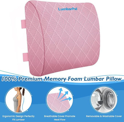 Lumbar Support Pillow for Office Chair Back Support Lumbar Pillow for Car, Gaming, Office Chair - Improve Sitting Posture & Back Pain Relief, Memory Foam, Adjustable Straps, Pink