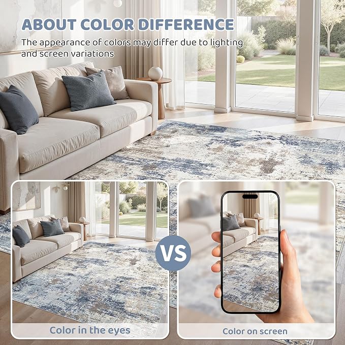 UERMEI 5x7 Area Rug Living Room Rugs - Washable Neutral Modern Abstract Soft Thin Large Rug Indoor Floor No Slip Rug Carpet for Bedroom Under Dining Table Home Office Decor - Denim Blue