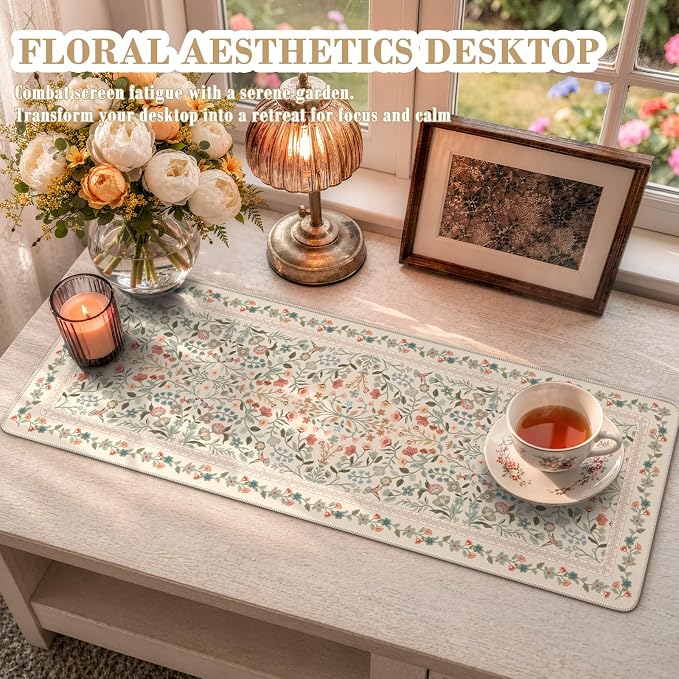 iCasso Aesthetic Floral Desk Mat, L Mouse Pads, Anti-Slip Mousepad with Stitched Edges, Waterproof Computer Pad 11.8"x31.5", Desk Accessories Office Decor for Women(Beige)