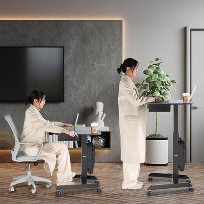 AVLT 44" Height Adjustable Foot Pedal Rolling Desk with Shelf - Black | 3 ft 8 inches - Pneumatic Laptop Standing Desk Cart - Mobile Laptop Cart Computer Projector Cart with Brake Casters