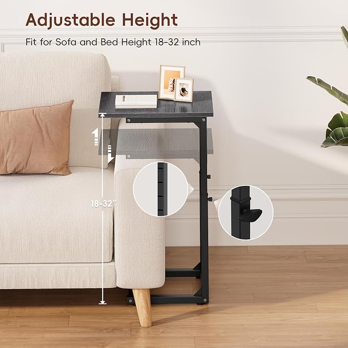 Vagusicc C-Shaped End Table, 33" Tall C Table Adjustable Height Side Table, Small Couch Table with Metal Frame, Slide Under Sofa TV Tray for Living Room, Bedroom, Bedside, Small Spaces, Gray Walnut
