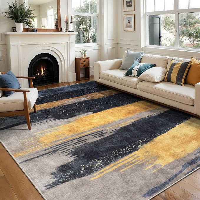 Ciicool Modern Abstract Black Gold Rug for Living Room, 9'x12' Machine Washable Area Rug Non-Slip Rug, Low-Pile Contemporary Indoor Dining Floor Carpet for Bedroom Office Under Table Home Decor