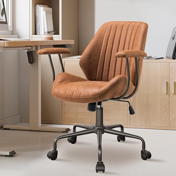 Mid Back Office Chair Mid Century Modern Executive Chair,Lumbar Support Ergonomic Home Office Desk Chair,Rolling Swivel Task Chair Task Chair Armrests Height Adjustable,350lbs (Brown)
