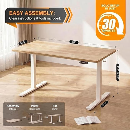 Grandder 63x32 Large Electric Standing Desk, Height Adjustable Computer Desk with 2 Memory Presets, 31.5" Deep Desktop Sit Stand Desk Home Office Desk Workstation Table with Hooks, Oak