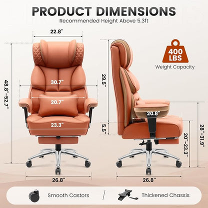 BestGlory Office Desk Chair, Big and Tall Leather Gaming Chair with Footrest, Wide Ergonomic Comfy Executive High-Back Reclining Computer Chairs, Swivel Rolling Wheels and Lumbar Support, Brown