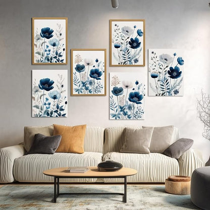 LLEEMPI Navy Blue Floral Wall Art Set of 3, Modern Wildflower Wall Decor, Watercolor Botanical Canvas Paintings, Classic Minimalist Poster Prints for Bedroom Bathroom Office Wood Framed 12x16 Inch