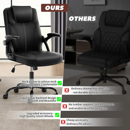 Executive Office Chair, Ergonomic PU Leather Computer Chairs, Executive Breathable Desk Chair with Padded Flip-Up Arms, 360° Swivel Rolling Chair Comfy Padded for Working Studying Gaming (Black)