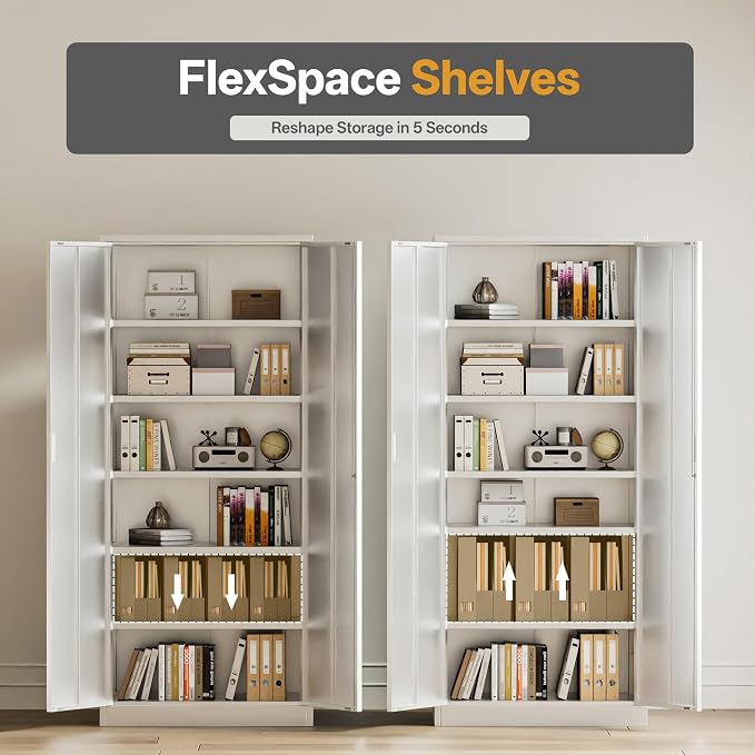 Metal Garage Storage Cabinets,71” Tall Metal File Cabinet with 5 Adjustable Shelves, Lockable Storage Cabinets for Office, Home, Garage, Warehouse 71" H x 32" W x 16" D (White)